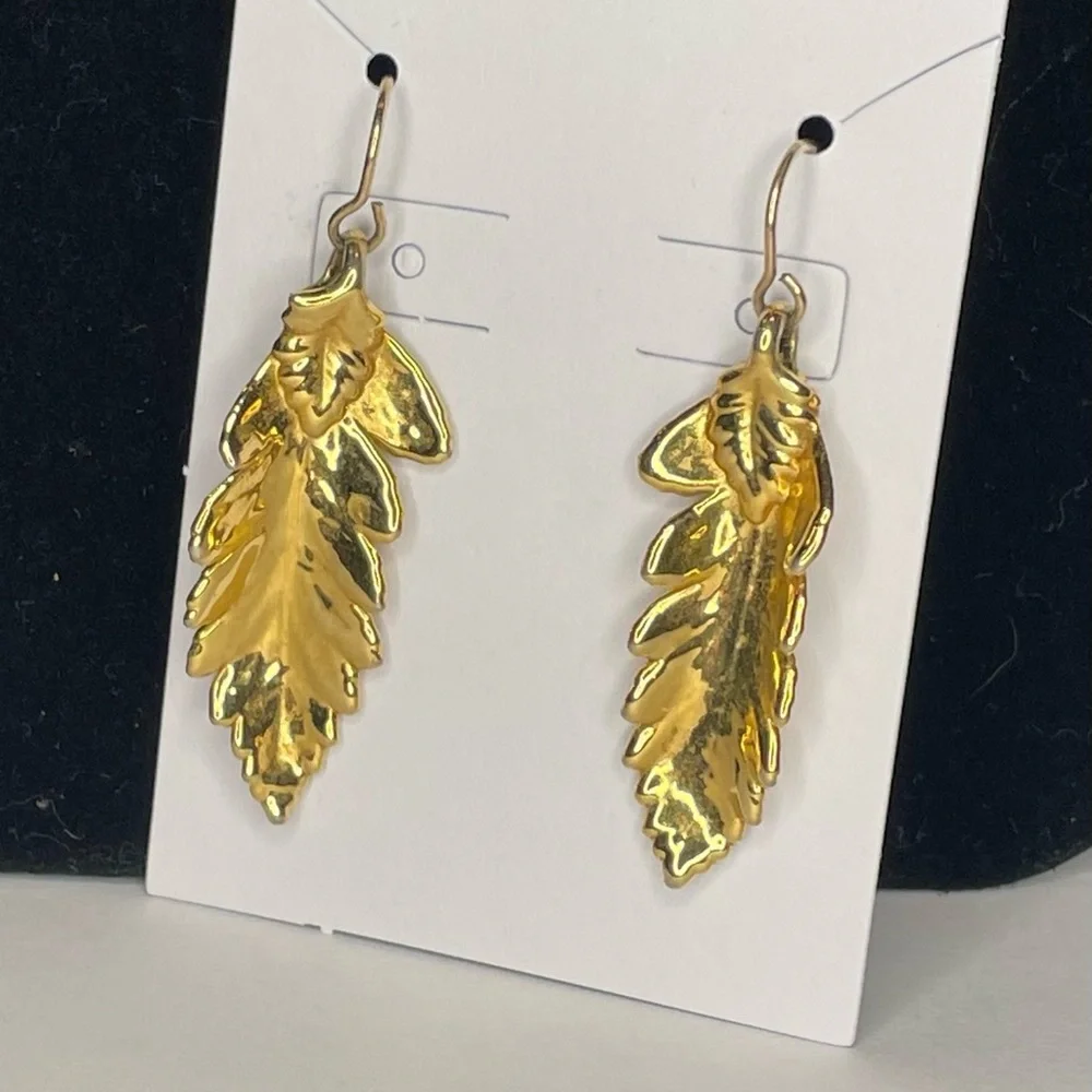 Gold Tone Leaf Dangle Earrings - Picture 3 of 4